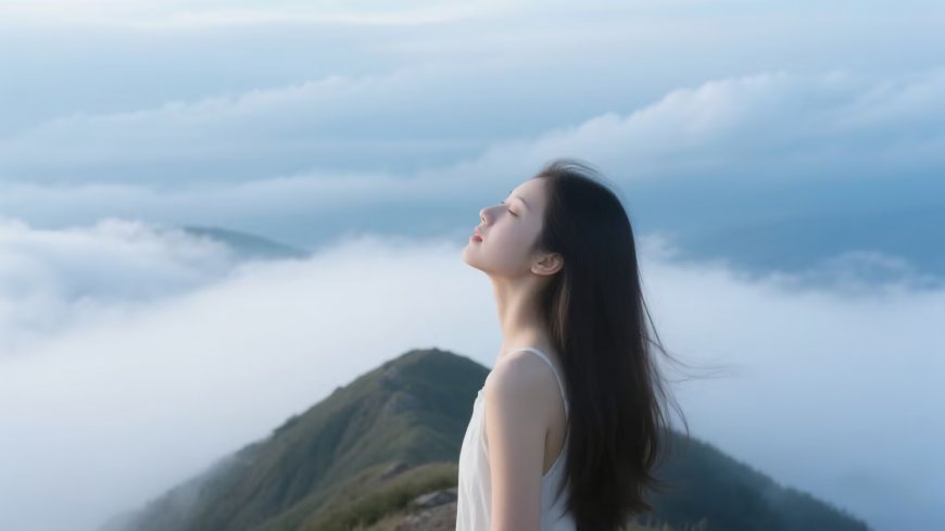 白衣女性山巅闭目云海缭绕治愈风景人物电脑壁纸