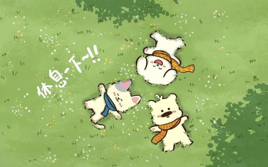 线条小狗草地玩耍可爱治愈动漫电脑壁纸