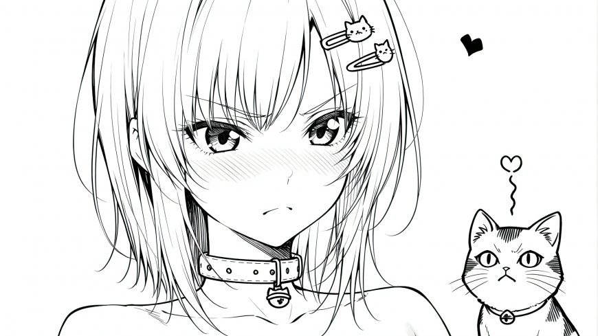 少女与猫黑白线条画猫咪发夹项圈动漫电脑壁纸
