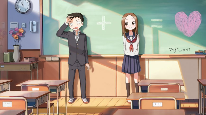 擅长捉弄的高木同学西片教室黑板爱心动漫电脑壁纸