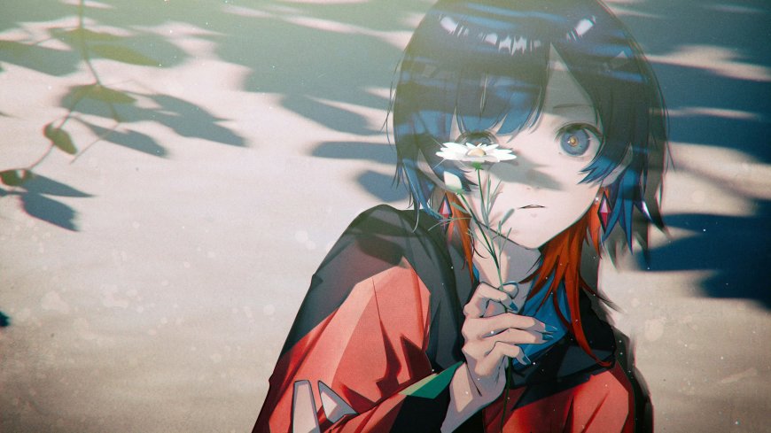 蓝发红瞳少女手持雏菊光影斑驳动漫电脑壁纸