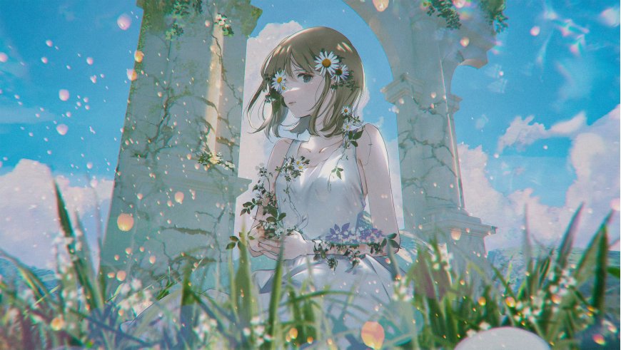 雏菊少女废墟拱门花海唯美插画动漫电脑壁纸