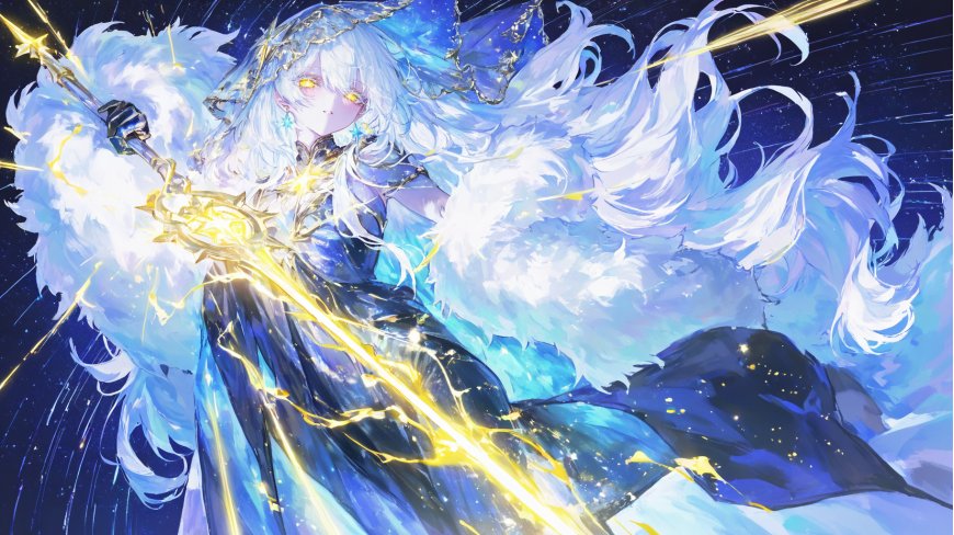 银发魔女持法杖释放金色魔法星空背景奇幻电脑壁纸