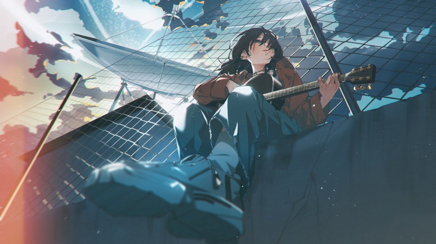黑发少女屋顶弹吉他卫星天线天空背景动漫电脑壁纸