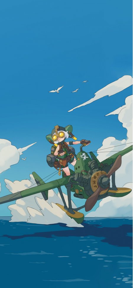 少女骑绿色飞机海上飞行动漫手机壁纸