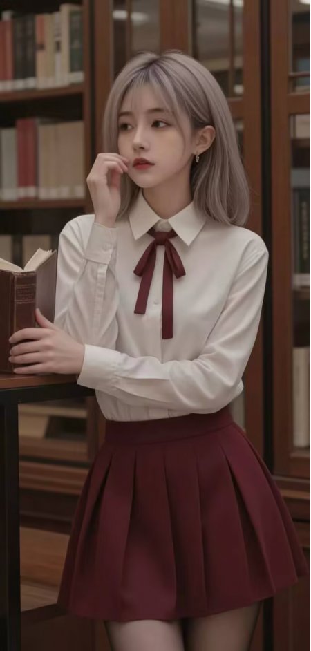 白色衬衫酒红色百褶裙美女图书馆摄影手机壁纸
