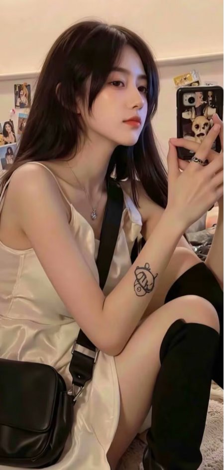 白色吊带裙配黑长袜美女室内自拍摄影手机壁纸