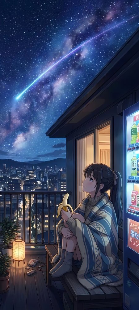少女阳台望流星城市夜景浪漫动漫手机壁纸