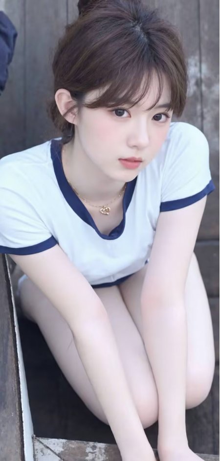 白色蓝边T恤短发美女户外蹲姿摄影手机壁纸