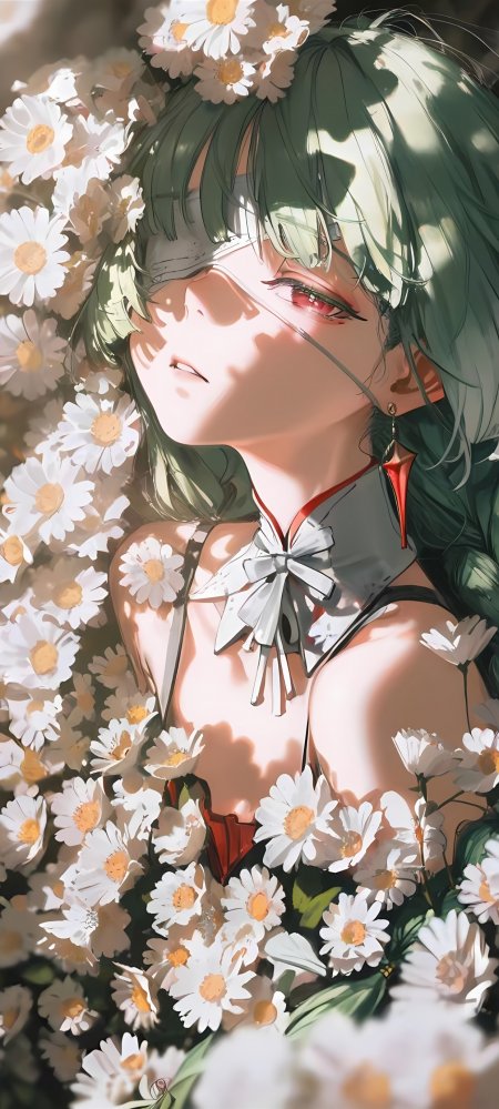 绿发少女躺雏菊花丛中唯美动漫手机壁纸