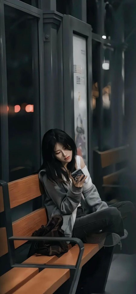长发美女公交站长椅看手机人物电脑壁纸