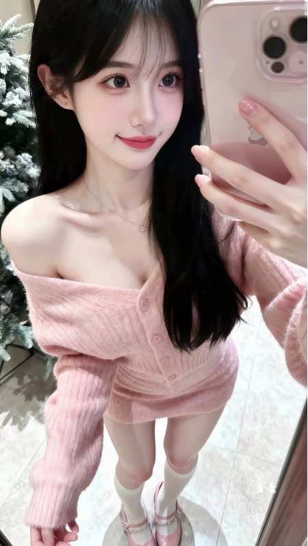 粉色露肩针织裙配白袜粉鞋美女镜前自拍摄影手机壁纸