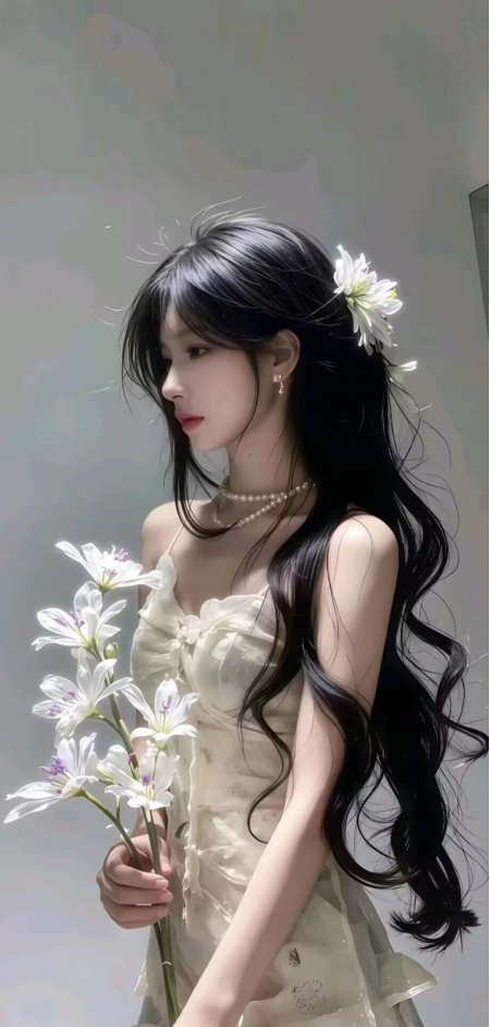 白色吊带裙美女持花侧身人物电脑壁纸