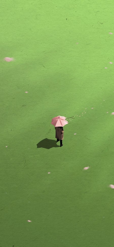 绿色草地撑粉色伞人物背影插画手机壁纸