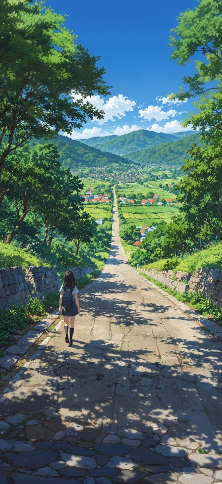 少女乡间小路行走风景电脑壁纸