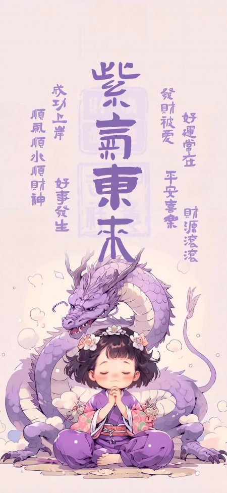 紫气东来卡通龙与小女孩创意电脑壁纸