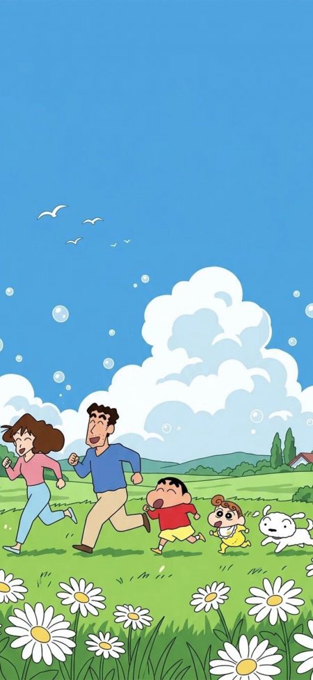 蜡笔小新一家草地奔跑欢乐动漫电脑壁纸