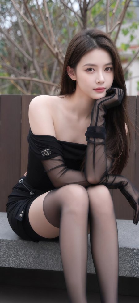 黑裙美女优雅坐姿户外写真电脑壁纸