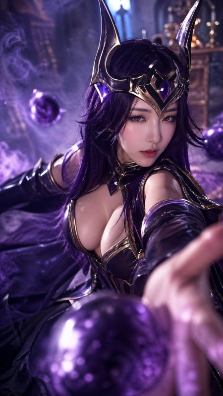 紫黑铠甲黑发少女释放魔法能量的威严女王动漫手机壁纸