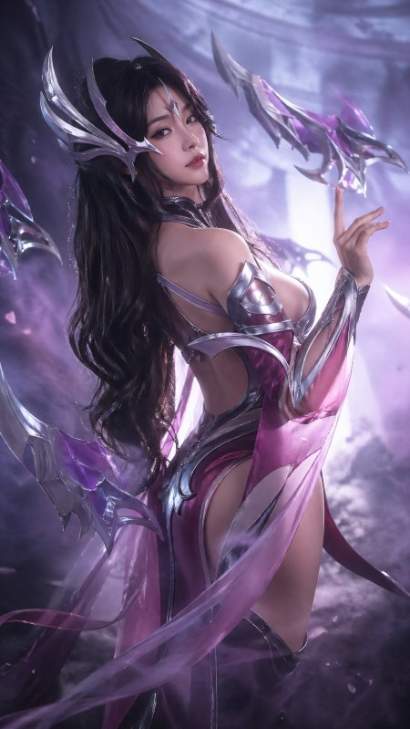 紫银羽翼黑发少女展翅飞翔的梦幻战斗少女动漫手机壁纸