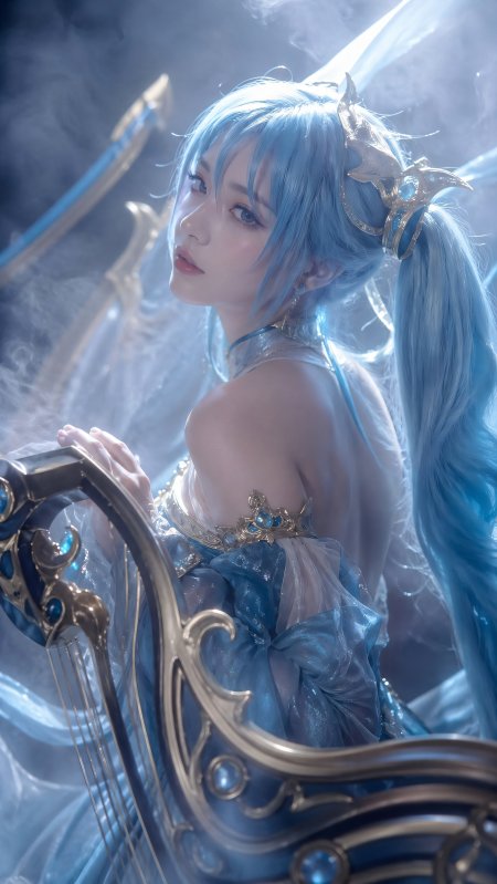 蓝发双马尾少女抚琴侧颜绝美梦幻光影动漫手机壁纸