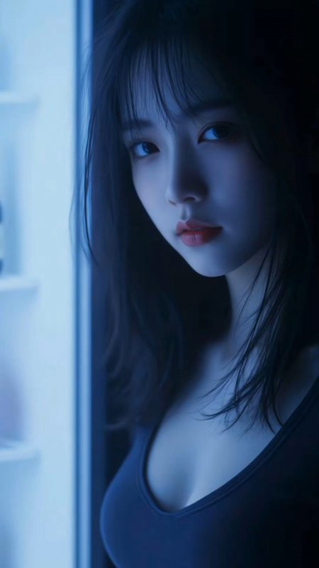 蓝调光影窗边凝视美女手机壁纸