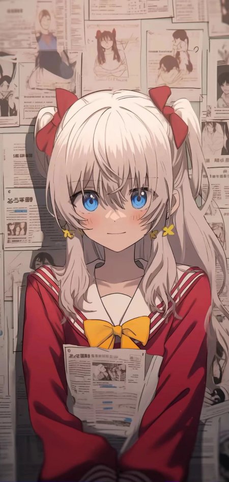 白发双马尾少女读报可爱动漫少女手机壁纸