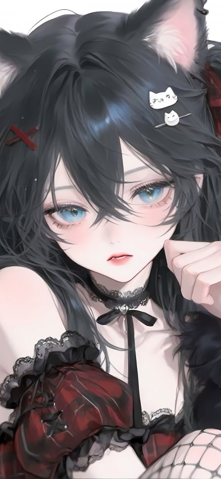 猫耳少女黑发红裙动漫少女手机壁纸