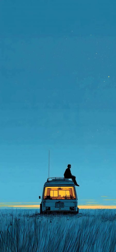 星空下房车与人物剪影治愈风景手机壁纸
