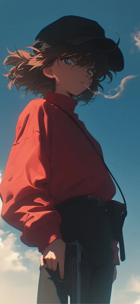 名侦探柯南灰原哀黑帽红衫持枪抽烟动漫少女手机壁纸