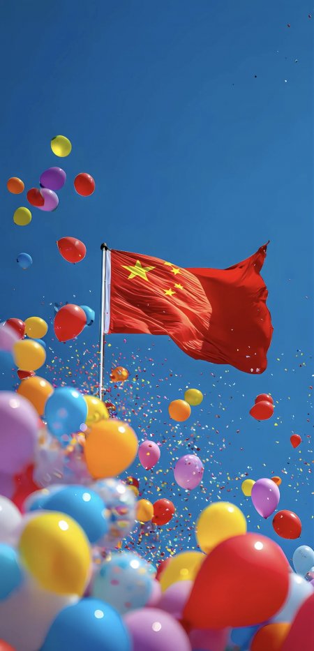 五星红旗飘扬气球环绕爱国风景手机壁纸