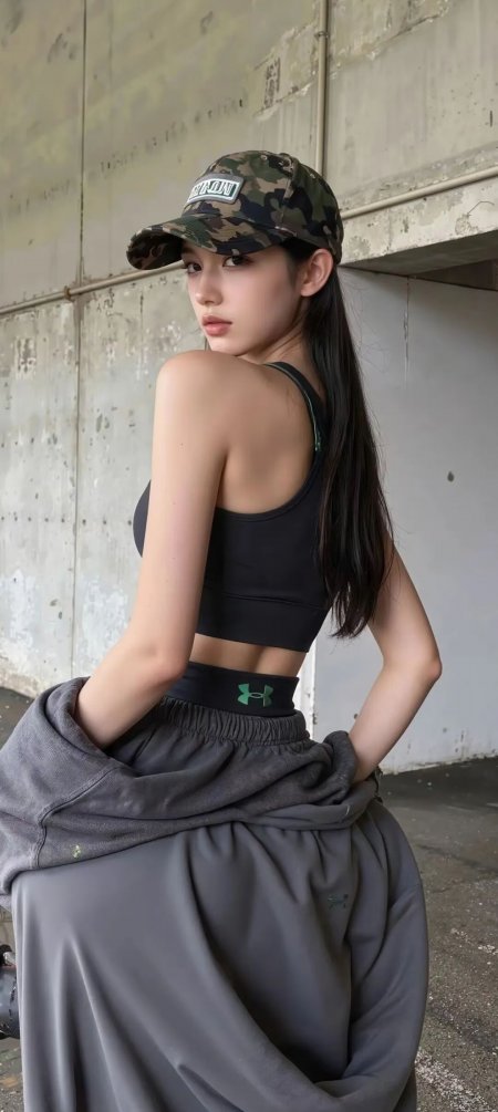 美女黑色运动内衣灰色运动裤迷彩帽回眸写真美女手机壁纸