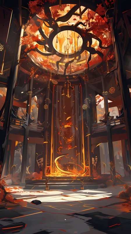 奇幻古风神殿室内场景火焰环绕太阳纹饰神秘建筑风景手机壁纸