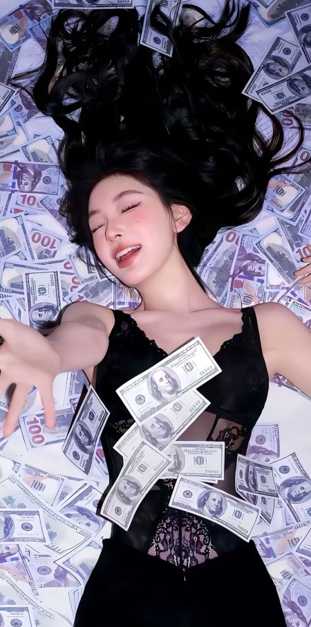 美女躺百元美钞堆中伸手美女手机壁纸