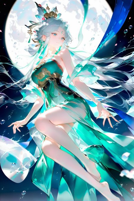 绿衣银发古风美女月夜下翩翩起舞裙摆飘逸绝美动漫少女手机壁纸