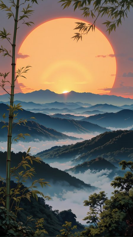 橙色巨日竹林山峦层叠风景手机壁纸