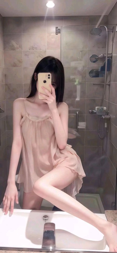 黑发美女穿粉吊带裙浴室对镜自拍美女手机壁纸