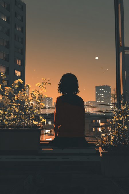 动漫少女坐阳台望城市黄昏景色动漫少女手机壁纸