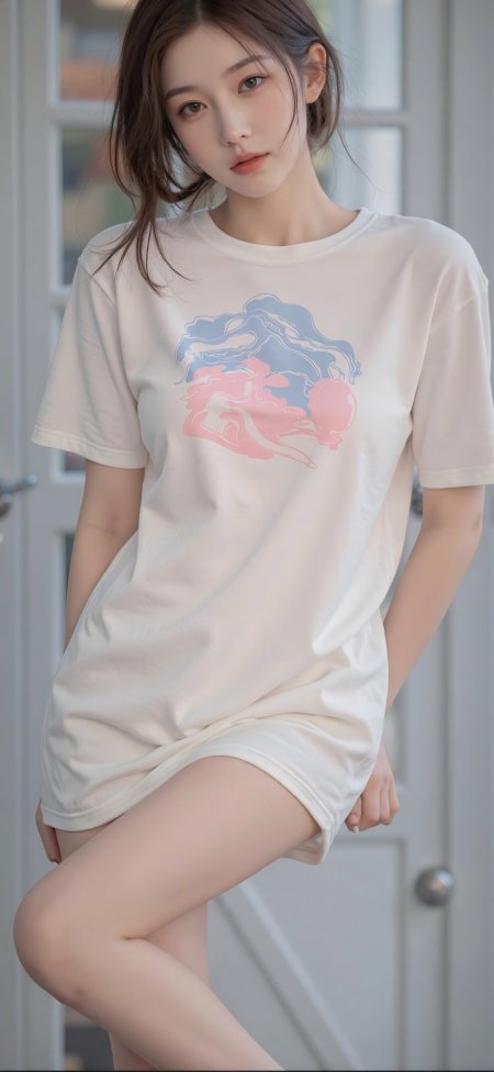 棕发美女穿宽松T恤室内摆拍美女手机壁纸