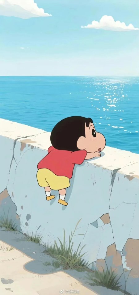 蜡笔小新穿红衣黄裤趴墙望海动漫手机壁纸