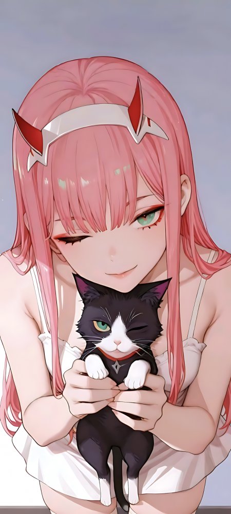 粉发少女抱黑白猫咪 wink 微笑头戴角饰动漫少女手机壁纸