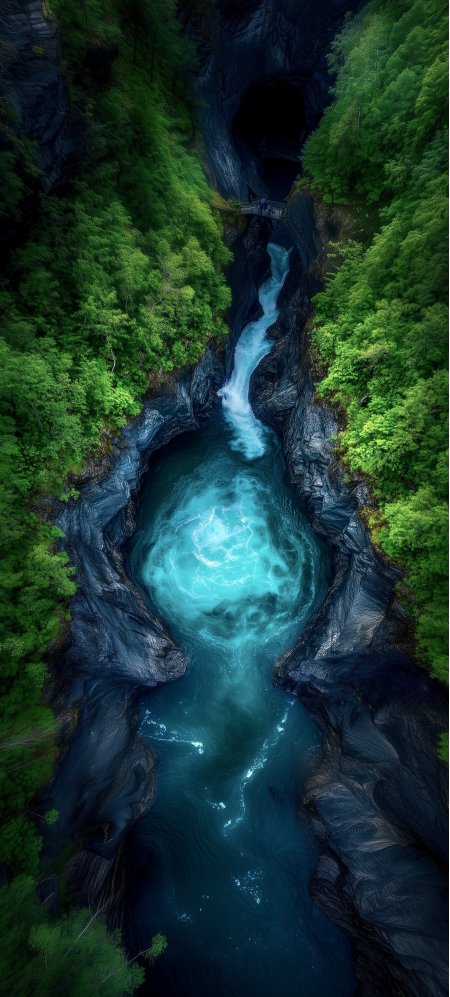 峡谷溪流穿行黑岩绿树间蓝水漩涡风景手机壁纸
