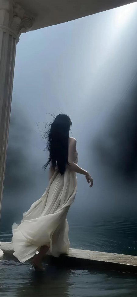 白裙美女水边光影朦胧梦幻人物手机壁纸