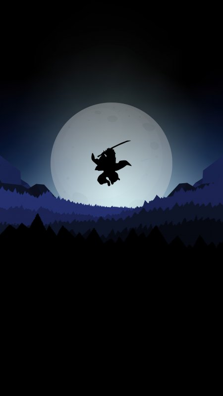 武士剪影腾空挥刀月下森林夜景动漫手机壁纸