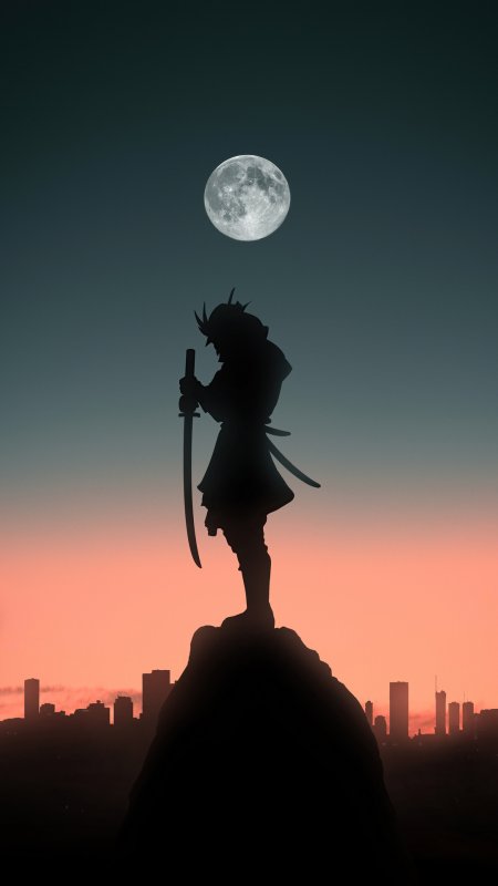 武士剪影立于山巅仰望满月城市剪影动漫手机壁纸