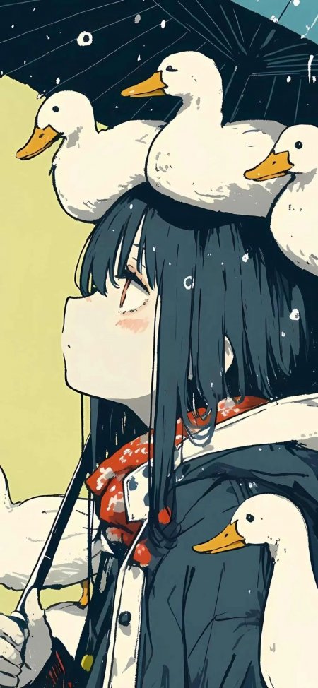 黑发少女与白鸭雨中撑伞动漫手机壁纸