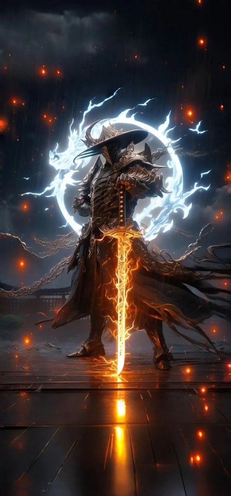 暗黑武士持发光剑雷电环绕奇幻动漫手机壁纸