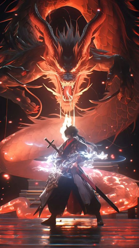 黑发武士持剑红色巨龙背景热血动漫手机壁纸
