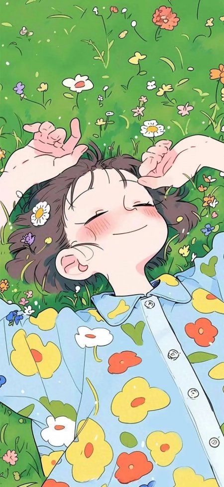 女孩躺花丛穿花衬衫闭眼微笑治愈系卡通手机壁纸