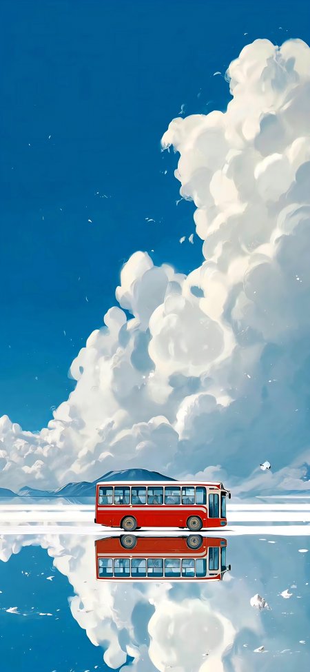 红巴士行驶水面倒影天空云朵治愈风景手机壁纸